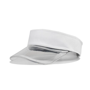 Vue détaillée d'une visière blanche avec bord transparent en PVC et bandeau tissé