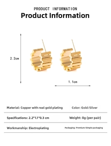 Detail view of gold C-shape hoop earrings showing textured tiered pattern and dimensions