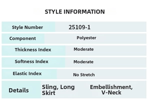 Tableau détaillé des tailles et matières pour robe longue à bretelles en polyester