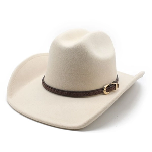Detail of a cream felt cowboy hat featuring a braided brown leather belt and gold buckle