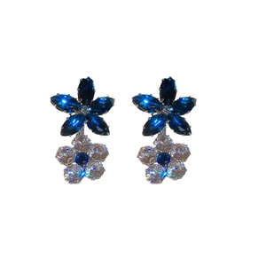 French style floral zircon earrings set with deep blue and white crystal petals
