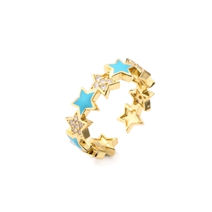 Adjustable gold star ring with blue enamel and sparkling micro-pave cubic zirconia
