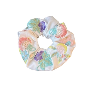 White satin scrunchie with colorful strawberry and grape embroidery in a fresh sweet style