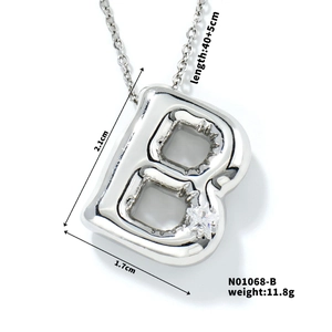 Detailed view of silver letter B balloon pendant necklace with size and weight info