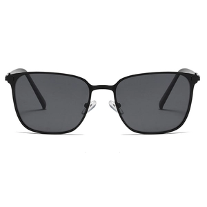 Front close-up of polarized square sunglasses with black frames and dark gray lenses