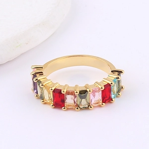 Detail of gold rainbow ring with multi-colored rectangular zircons in claw setting