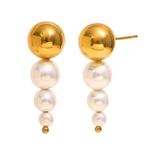 18K gold plated stainless steel stud earrings with triple graduated white pearls