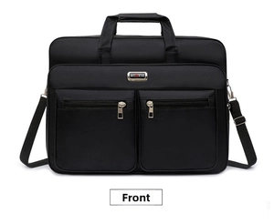 Front view of black waterproof oxford business briefcase with dual zipper pockets