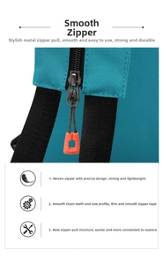 Detailed macro view of smooth metal zipper with orange puller on blue crossbody bag