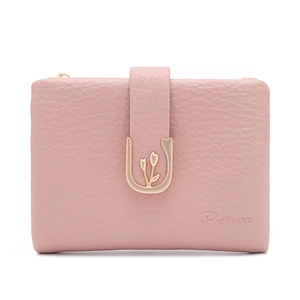 Close-up of pink faux leather wallet with tulip metal buckle and textured finish