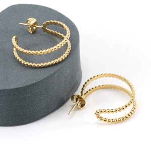 Minimalist 18K gold plated stainless steel double C-shaped hoop earrings with bead texture