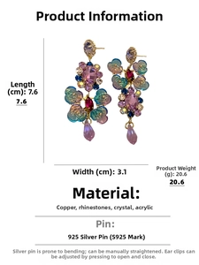 Detailed dimensions of crystal floral drop earrings with 925 silver pin and size info
