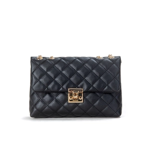Classic black quilted leather shoulder bag with elegant gold lock and chain strap for women