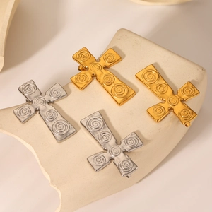 Vintage stainless steel cross earrings with gold and silver screw texture design