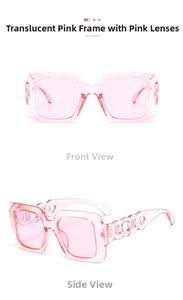 Detail view of pink square oversized sunglasses with unique chain-link hollow temple design