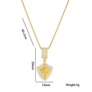 Gold shield heart pendant necklace with zircon star inlay and stainless steel chain