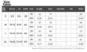 Size guide for Y2K tube top showing measurements in CM and INCH for S, M, L, XL sizes