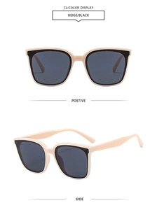 Vue de face et de profil de lunettes de soleil carrées oversize en beige et noir