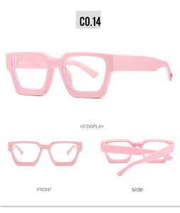 Detailed multi-angle views of pink square frame glasses with anti-blue light lenses