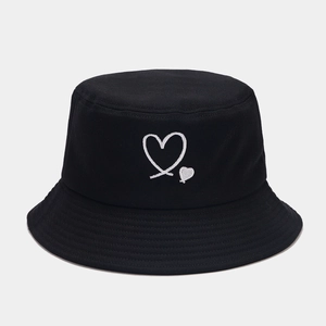 Minimalist black cotton bucket hat featuring white heart embroidery for couples