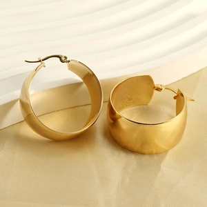 Pendientes de aro gruesos de acero inoxidable dorado pulido con diseño retro moderno