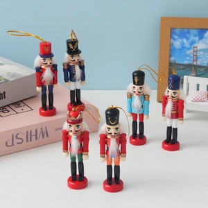 Set of six colorful wooden nutcracker soldier ornaments with golden strings for Christmas decor