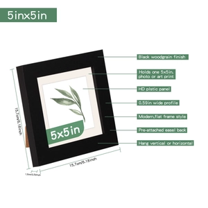 Detail of 5x5 inch black wood frame showing easel back stand and HD plastic panel
