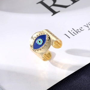 Retro hammered gold evil eye open ring with blue and black enamel inlay design