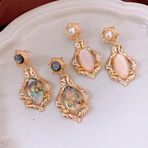 Vintage Palace Drop Earrings Shell Imitation Artificial Pearl Alloy Hammered Texture With 925 Sterling Silver Earring Post For Women