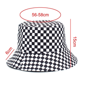 Size guide for checkerboard bucket hat showing 56-58cm circumference and 15cm height