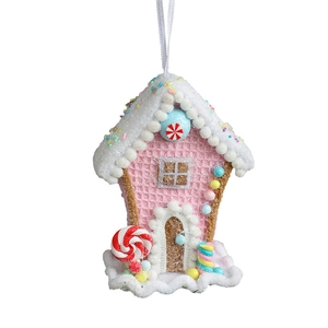 Pink gingerbread house Christmas ornament with waffle texture and candy decorations