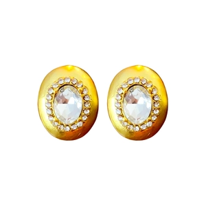 Elegant gold oval stud earrings with central crystal stone and sparkling halo setting