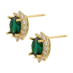 Detail of gold cluster earrings with emerald green zircon and white crystal halo stones