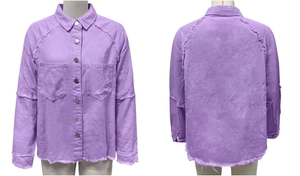 Detail of purple oversized denim jacket with distressed fringe hems and chest pockets