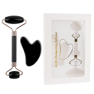 Obsidian facial massage set with double roller and heart gua sha in white gift box