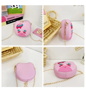 Pink cartoon girls crossbody bag with gold chain shown from four different display angles