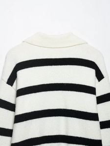 Close-up of the polo collar and thick knit texture on a black and white striped sweater