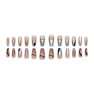 Minimalist long coffin press-on nails set with silver abstract lines and black graffiti