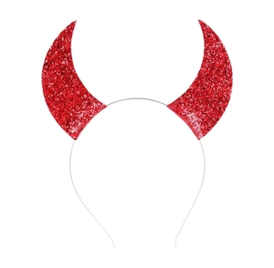 Cerchietto con corna da diavolo in paillettes rosse per Halloween su sfondo bianco