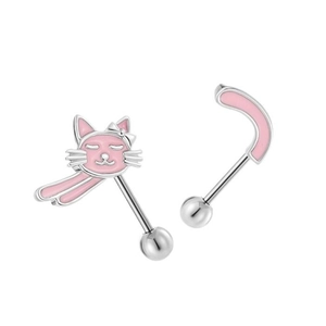 Pink cartoon cat titanium belly button piercing with silver finish and curved j-bar