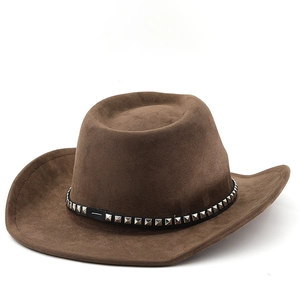 Detail of brown suede cowboy hat featuring a black leather band with silver metal studs