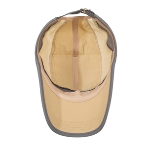 Detail of baseball cap interior with breathable mesh side panels and adjustable metal buckle