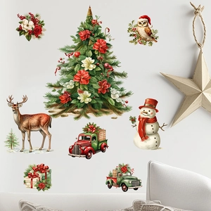 Detailed Christmas tree and snowman wall stickers on a clean white wall for home decor