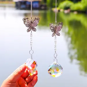 Garden crystal wind chime ornaments with butterfly metal charm and AB color faceted balls