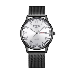 Minimalist men's quartz watch with black mesh band and silver sunray dial with double date