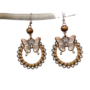 Retro butterfly woven hoop earrings with bronze metal detail and boho brown beads