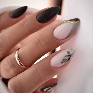 Faux Ongles Longs Amande À Presser Noir Brillant Motif Feuille De Marbre Feuille D'or Pour Femmes
