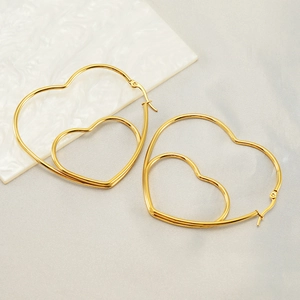 Minimalist 18K gold plated stainless steel double heart hoop earrings for women
