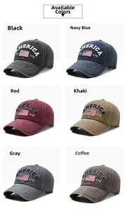 Detailed grid view of washed cotton baseball caps in six vintage colors with embroidery