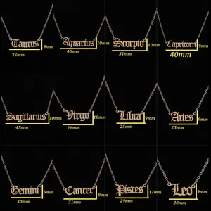 Golden stainless steel zodiac pendant necklaces set featuring gothic English font styles